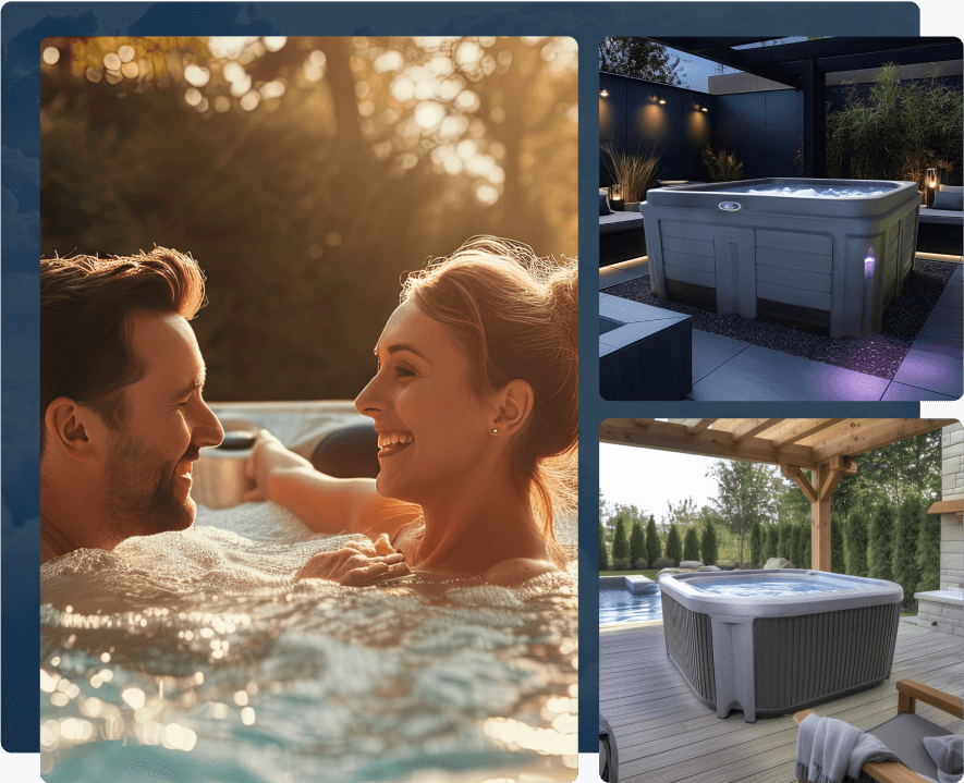 three part image - image1-couple sitting in a spa- image2- picture of women in a spa - image3 - image of interior of spa with water bubbling